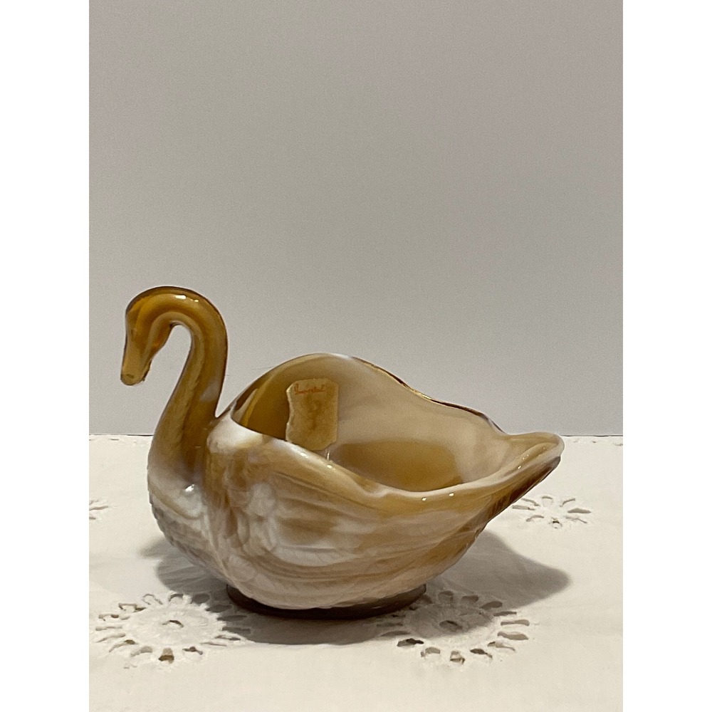 Imperial Glass Slag Glass Swan Figurine Caramel Brown Marbled Salt Cellar Dish
